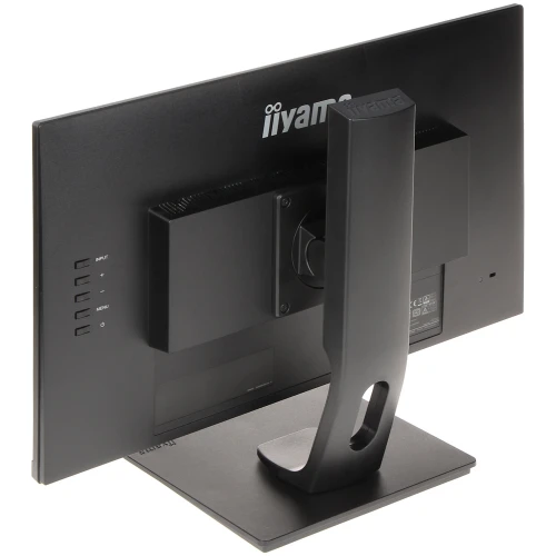 The image shows the back view of a sleek, black computer monitor with a sturdy stand and multiple input ports. The brand logo is prominently displayed on the upper back panel.