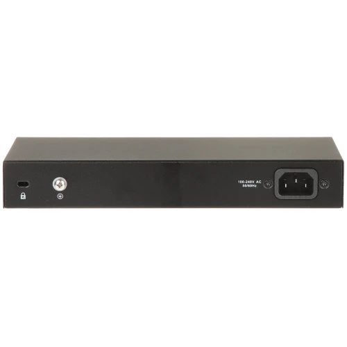 The image shows the rear view of a black electronic device featuring a power input socket and a grounding point. The device is designed for AC power input ranging from 100-240V at 50/60Hz.