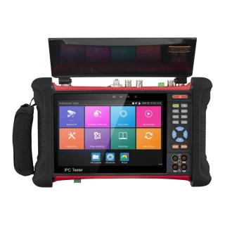 The image shows a multifunctional CCTV tester with a touchscreen interface, featuring various ports and buttons for connectivity and control. The device is designed for testing and troubleshooting security camera systems, with a rugged exterior and a protective screen cover.