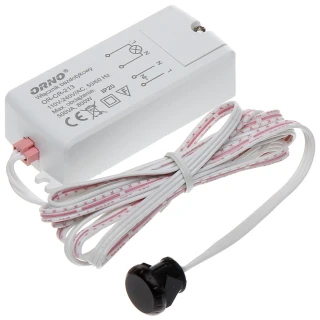 A white, rectangular touchless switch with a pink connector and attached white cable featuring a black sensor at the end. The device is designed for AC 230V applications and includes technical specifications printed on its surface.