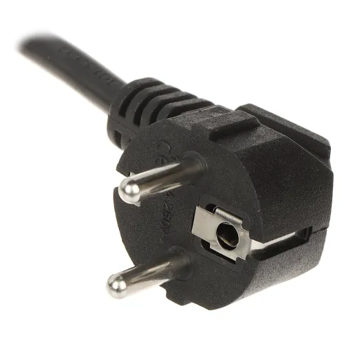 A black, two-pronged European power plug with a sturdy, ribbed grip is shown. The plug features a grounding pin and a durable cable attachment.