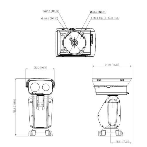 Technical diagram of a surveillance camera with detailed measurements in millimeters and inches. The image shows front, side, and top views, highlighting the camera's dimensions and mounting bracket.