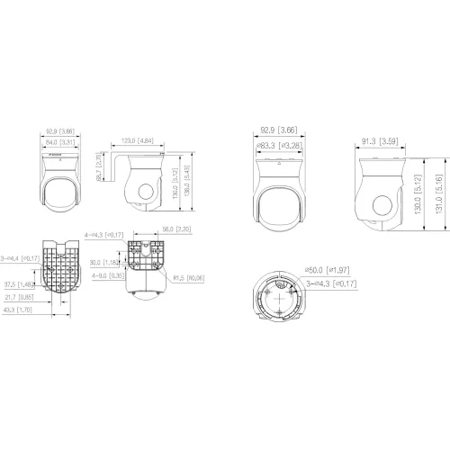Technical diagram showing the dimensions of a security camera and its mounting bracket, with measurements in millimeters and inches. The image includes multiple views, such as front, side, and top perspectives, detailing the precise size specifications.
