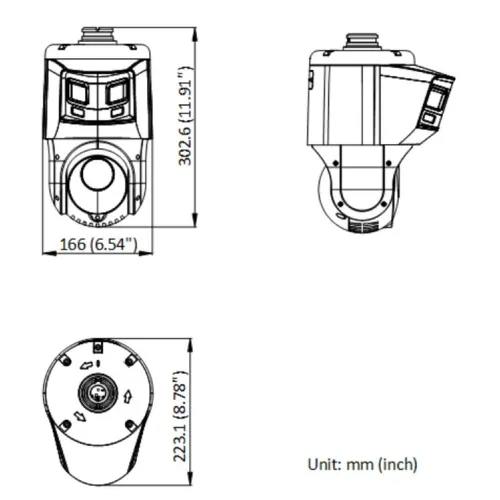 Diagram showing the dimensions of a security camera with a dome shape, featuring measurements in millimeters and inches. The camera includes detailed views from the front, side, and bottom, highlighting its compact design.