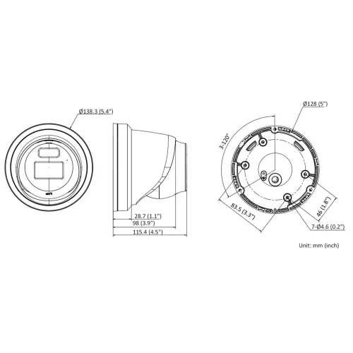 Technical diagram of a dome security camera with detailed measurements in millimeters and inches. The image shows front, side, and top views, highlighting dimensions such as diameter and height.