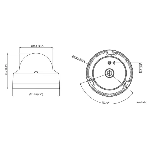 The image shows technical drawings of a dome security camera with detailed dimensions in millimeters and inches. The front and bottom views highlight the camera's diameter, height, and mounting hole placements.