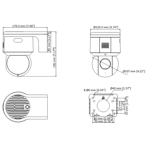 Technical diagram of a security camera with detailed measurements in millimeters and inches. The image shows multiple views, including side, top, and front perspectives, highlighting dimensions and mounting specifications.