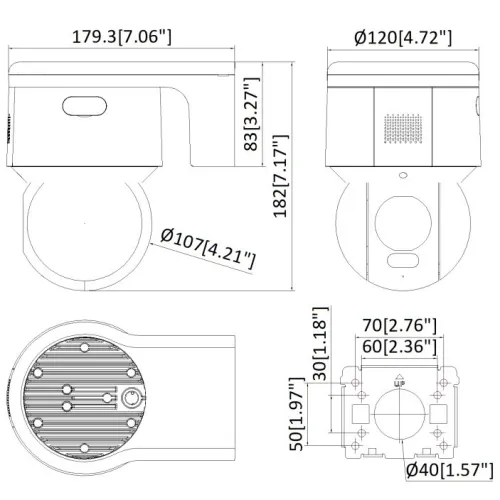Technical diagram of a security camera with detailed measurements in millimeters and inches. The image shows various views, including side, top, and bottom perspectives, highlighting dimensions such as diameter and height.