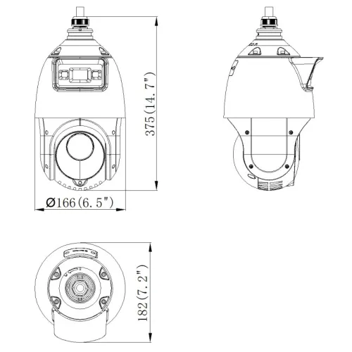 Technical diagram of a dome security camera showing front, side, and bottom views with detailed measurements. The camera features a robust design with a 166 mm diameter and a height of 375 mm, suitable for various surveillance needs.