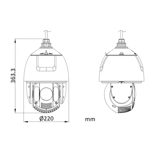 Diagram showing the dimensions of a dome-shaped security camera, with a height of 363.3 mm and a diameter of 220 mm. The image provides a detailed side and front view of the camera's design and structure.