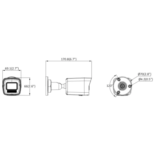 Technical diagram of a security camera showing detailed dimensions and mounting specifications. The camera features a cylindrical body with measurements provided in both millimeters and inches.