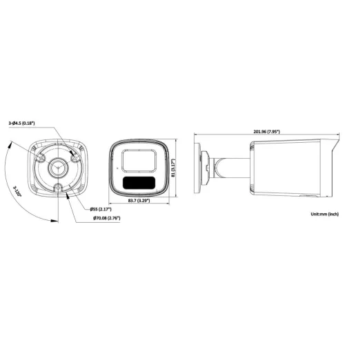 Diagram showing the mounting dimensions of a security camera, including detailed measurements in millimeters and inches. The image illustrates the camera's side, top, and front views for precise installation guidance.