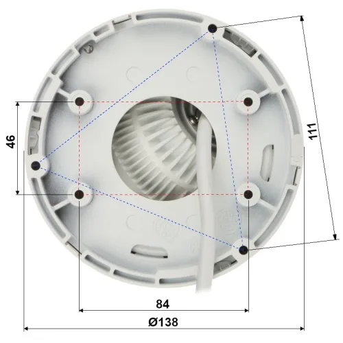 The image shows the underside of a round, white security camera with visible mounting dimensions and a cable extending from the center. The measurements are marked with lines and numbers, indicating the camera's installation specifications.