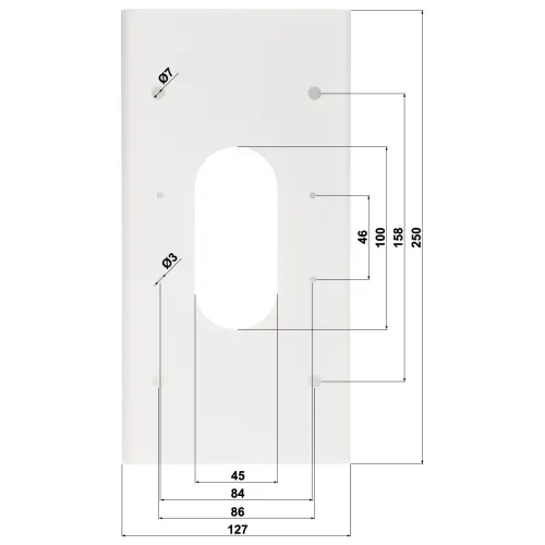The image shows a white mounting plate with precise measurements indicated for installation purposes. It features multiple holes and cutouts, with dimensions clearly marked for accurate fitting.