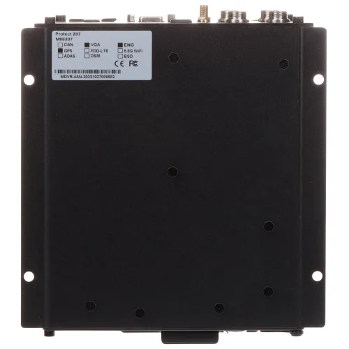 The image shows a black electronic device with multiple ports and connectors on the top edge, designed for various connectivity options such as GPS, VGA, and FDD-LTE. The front panel features a label with technical specifications and compliance information.