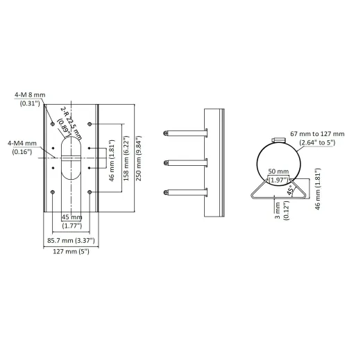 The image shows detailed mounting dimensions for a wall bracket, including measurements for screw placements and overall dimensions. It features side and front views with specific distances marked in millimeters and inches for precise installation.