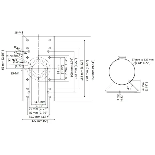 Technical diagram illustrating the mounting dimensions of a circular device, featuring detailed measurements in millimeters and inches. The image includes front and side views with labeled distances for precise installation.