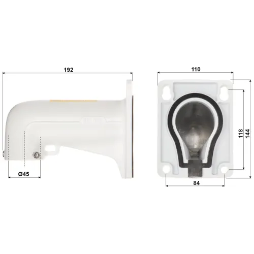 The image shows a white wall mount bracket with detailed dimensions, including a length of 192mm and a width of 110mm. The bracket features a circular opening with a diameter of 45mm, designed for secure installation.