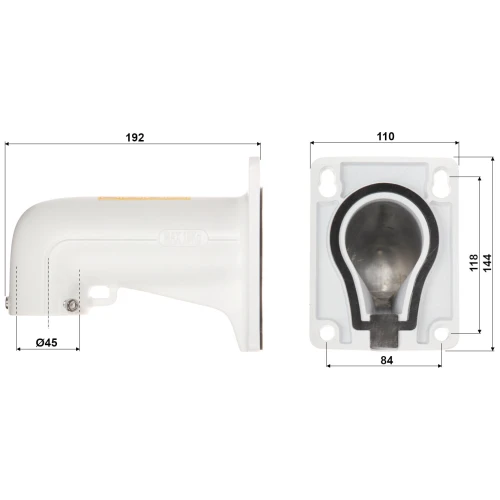The image shows a white wall mount bracket with detailed dimensions, featuring a cylindrical design and a secure attachment mechanism. The bracket is designed for stability and ease of installation, suitable for various mounting applications.
