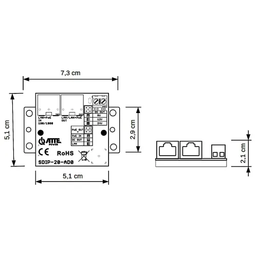 The image shows a compact electronic module with labeled ports and dimensions, featuring LAN/PoE inputs and outputs. It includes detailed measurements for installation, highlighting its RoHS compliance and ATTE Power branding.