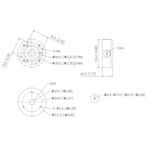 Technical diagram illustrating the dimensions and specifications of a cylindrical mechanical component with multiple drilled holes and threaded sections. The image includes detailed measurements in millimeters and inches, highlighting features such as diameters, depths, and thread sizes.