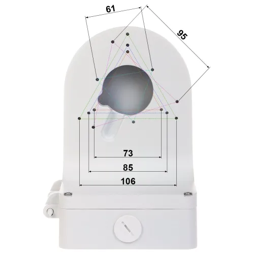 The image shows a white, wall-mounted device with a circular opening and multiple measurement lines indicating dimensions. It features a small lever on the side and a circular adjustment knob at the bottom.