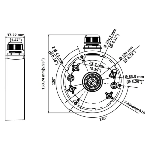 Technical diagram of a cylindrical device with detailed measurements in millimeters and inches. The illustration includes top and side views, highlighting dimensions and component placements.