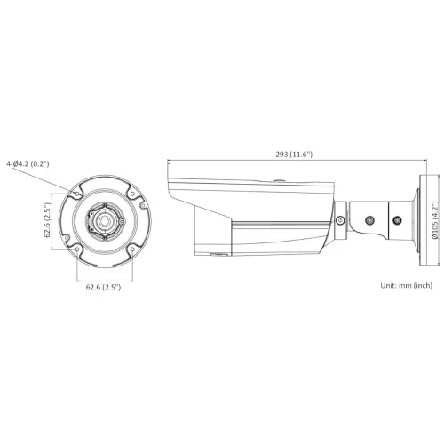 Diagram showing the dimensions of a bullet security camera, with measurements provided in both millimeters and inches. The image includes detailed views of the camera's side and base, highlighting key dimensions for installation.