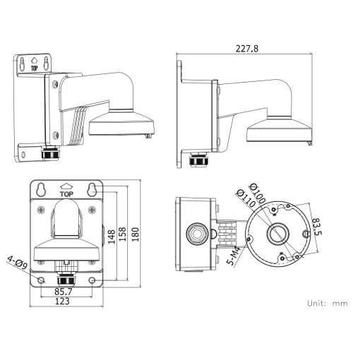 The image shows technical drawings of a wall mount bracket for surveillance cameras, featuring detailed dimensions and mounting specifications. The bracket includes multiple views, highlighting its adjustable arm and base with precise measurements in millimeters.