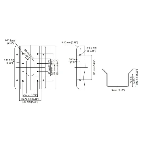The image shows technical drawings of a metal bracket with detailed measurements in millimeters and inches. It includes front, side, and angled views, highlighting dimensions such as hole placements and overall size.