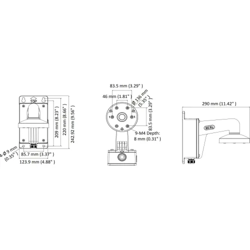 Technical diagram of a wall-mounted bracket with detailed measurements in millimeters and inches. The illustration shows front, side, and top views, highlighting dimensions for precise installation.