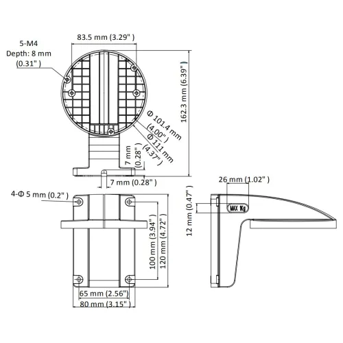 Technical diagram showing dimensions of a round LED light with a ribbed design, featuring measurements in millimeters and inches. The image includes detailed side and front views, highlighting mounting holes and depth specifications.
