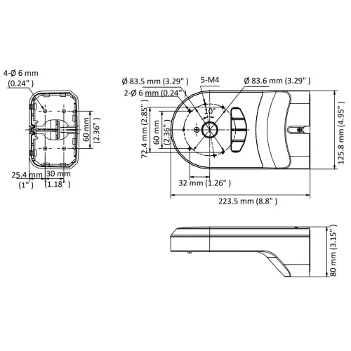 Technical diagram illustrating the dimensions and mounting specifications of a compact electronic device with a cylindrical component and multiple mounting holes. The device measures 223.5 mm in length, 125.8 mm in height, and 80 mm in width, with detailed measurements for precise installation.