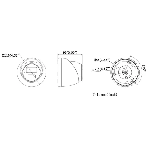The image shows technical dimensions of a dome-shaped security camera, featuring a diameter of 110 mm and a depth of 93 mm. The camera has a 120-degree viewing angle and includes detailed measurements in both millimeters and inches.
