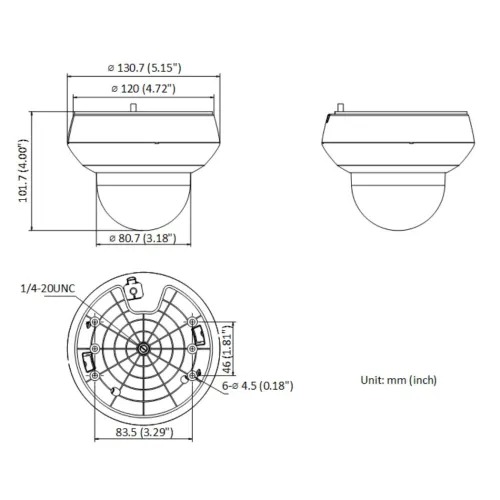 The image shows technical diagrams of a dome-shaped security camera mount, detailing its dimensions in both millimeters and inches. The diagrams include top, side, and bottom views, highlighting the mount's diameter, height, and screw hole placements.