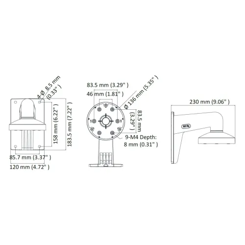 The image shows technical dimensions of a wall-mounted camera bracket, featuring measurements in both millimeters and inches. The bracket includes a circular mounting plate with multiple holes and an extended arm for secure camera installation.