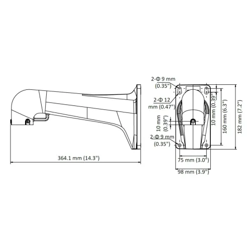 The image shows a detailed technical drawing of a wall mount bracket with dimensions labeled in millimeters and inches. The bracket features a sleek, elongated design with specific measurements for installation, including mounting hole diameters and overall length.