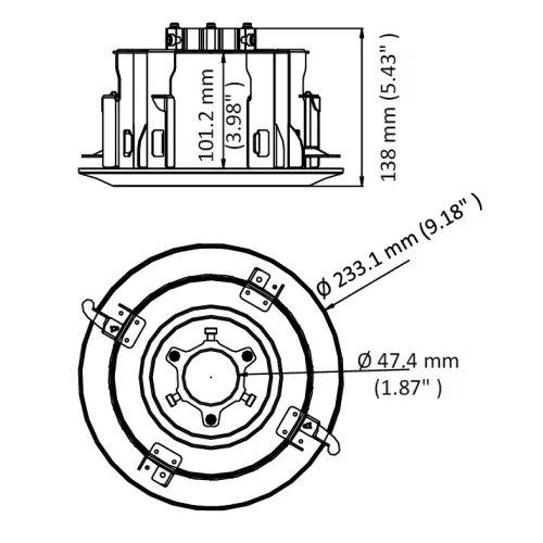 Diagram of a round recessed ceiling light fixture with detailed measurements in millimeters and inches. The image shows both side and top views, highlighting dimensions such as the diameter and depth of the fixture.