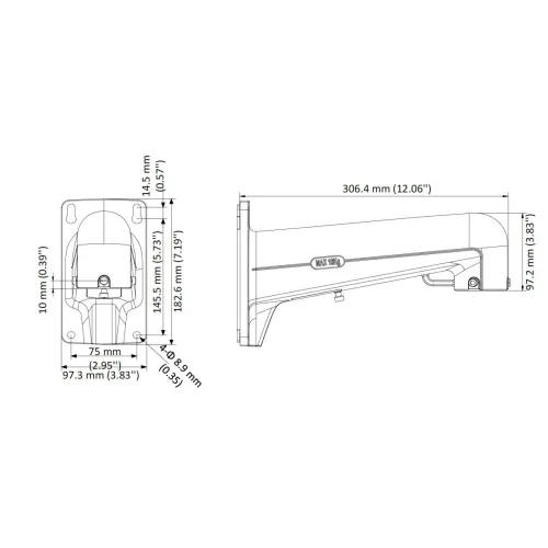 Technical drawing of a wall-mounted device with detailed measurements in millimeters and inches. The side and front views highlight dimensions such as width, height, and depth for precise installation.