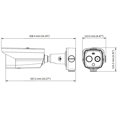 Line drawing of a security camera with detailed dimensions, showing side and front views. The camera features a cylindrical body and multiple lens components, with measurements provided in both millimeters and inches.