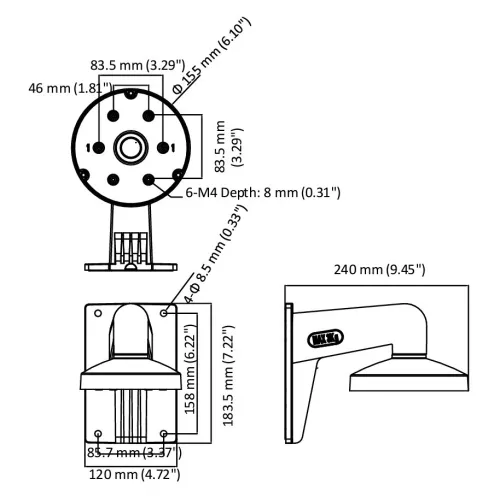 Technical diagram of a wall-mounted security camera bracket with detailed measurements in millimeters and inches. The illustration shows front, side, and top views, highlighting dimensions for installation.