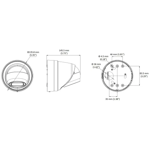 The image shows technical drawings of a dome-shaped security camera with detailed dimensions in millimeters and inches. The camera features a spherical lens housing and a mounting base with multiple screw holes for installation.