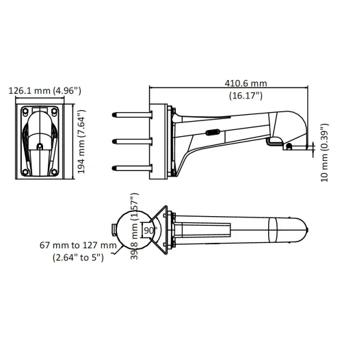 The image shows technical drawings of a wall-mounted electric vehicle charging connector with detailed dimensions. It includes side, top, and front views, highlighting measurements such as length, width, and mounting specifications.