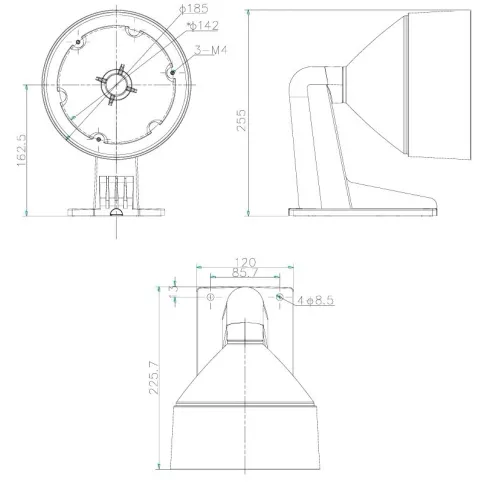 Technical drawing of a cylindrical outdoor security camera with detailed dimensions. The diagram shows front, side, and top views, highlighting the camera's mounting base and housing structure.