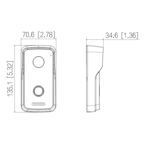 The image shows technical drawings of a rectangular electronic device with two circular buttons on the front and a speaker grille at the bottom. The dimensions are provided in both millimeters and inches, highlighting the device's compact and slim design.