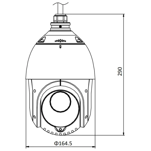 A technical diagram of a dome-shaped security camera with detailed dimensions, showing a height of 290 mm and a diameter of 164.5 mm. The illustration highlights the camera's design and structural features for precise installation.