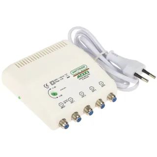 A white Anttron antenna amplifier with multiple output ports and a power cord is shown. The device features a green indicator light and is designed for enhancing signal strength.