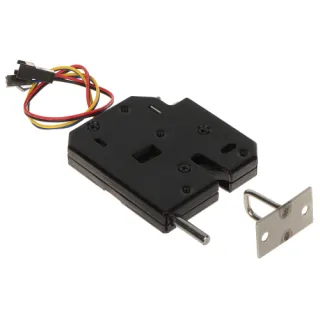 The image shows a black electromagnetic cabinet lock with a metal latch and colorful wiring. The lock is designed for secure cabinet closure and includes a mounting bracket.