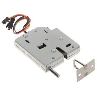 Electromagnetic cabinet lock with a sleek metal finish, featuring a multi-colored wire connector for easy installation. Includes a matching metal strike plate for secure locking.