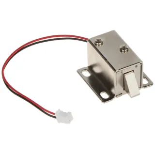 Electromagnetic cabinet lock with a metallic finish, featuring a compact rectangular design. It includes a red and black wire for connection and a white connector for easy installation.